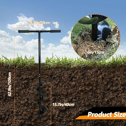 2 in 1 Hand Auger Spiral Drill for Planting, 6 X 42.9inch Post Hole Digger Manual Auger for Fence Posts, Sand, Bulb,Seedlings, Tree, Mail Box, Manual Garden Spiral Hole Digging Drill with Non-Slip.