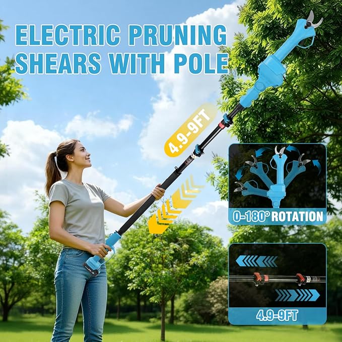 Brushless Electric Pruning Shears,15FT Telescoping Rod Pole Pruners for Tree Trimming, Electric Tree pruner Cutter with 2 * 21V 4000mAH Batteries, 1.2 Inch Cutting Diameter, with Replace Blade (Blue)