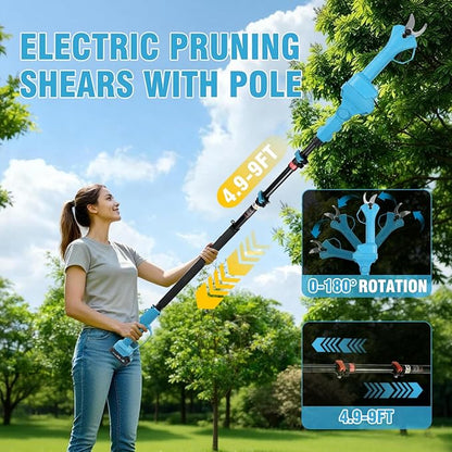 Brushless Electric Pruning Shears,15FT Telescoping Rod Pole Pruners for Tree Trimming, Electric Tree pruner Cutter with 2 * 21V 4000mAH Batteries, 1.2 Inch Cutting Diameter, with Replace Blade (Blue)