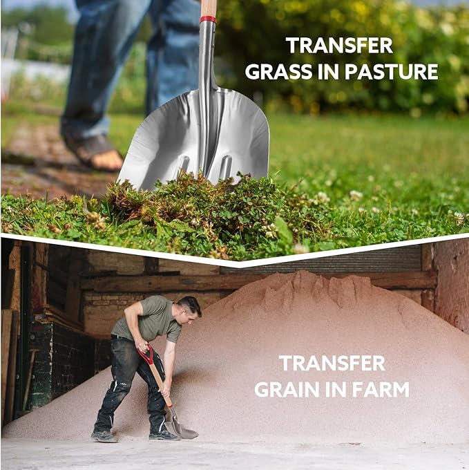 Aluminum Snow Scoop Shovel Wide Grain Shovels with Lightweight Large Capacity Head and Oak Wooden Handle