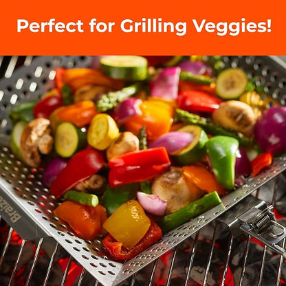 Heavy-Duty Stainless Steel Grill Basket – 12" x 13.75" BBQ Basket with Removable Handle – Large Grilling Basket for Vegetables, Fish & Meat – Includes 4 Bonus Scrub Sponges