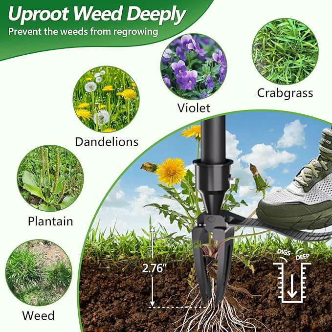 Stand Up Weed Puller Tool, 2-in-1 Weed Puller with 4 Claw Head & Rake, Effortless Root Puller for Dandelion & Weeds, No Bending or Kneeling, Ergonomic Garden Tool for Lawn & Yard Care