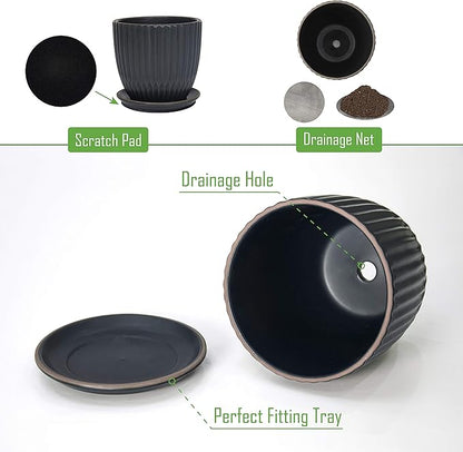D'vine Dev Set of 2 Stoneware Planter Pot, Ceramic Pot with Drainage Hole and Saucers, 4.5 Inch 5.8 Inch, Charcoal Grey, 99-D-3