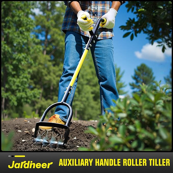Jardineer Rotary Cultivator for Gardening, Long Handle Garden Cultivator for Soil Mixing, Reseeding, Lawn Aerating, Hand Tiller with Auxiliary Handle Suitable for Women and The Elderly