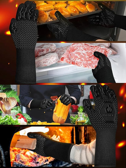 BBQ Oven Gloves 1472℉ Heat Resistant Oven Mitts Silicone Non-Slip Cooking Gloves for Barbecue, Grilling, Baking, Welding, Smoker (A Pair) (Black)