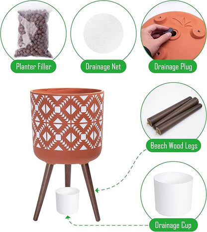 D'vine Dev 14 Inch Planter Pot with Stand, Mid-Century Tall Plant Pot with Legs for Indoor Plants, Pottery Red Terracotta/White, 88-G-D-5