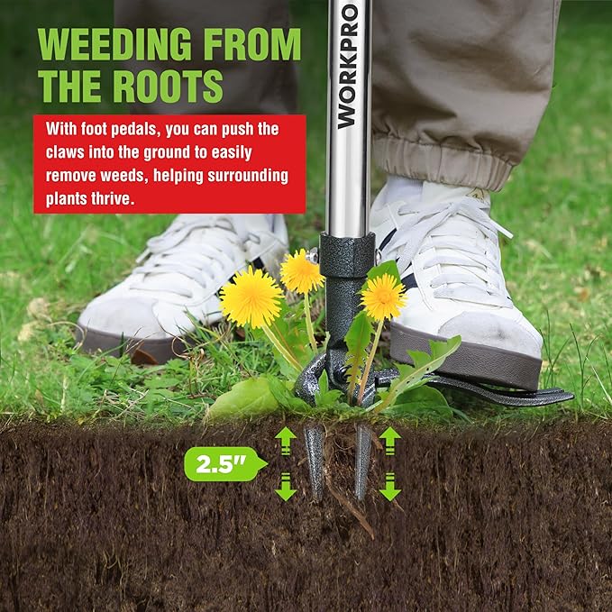 WORKPRO Weed Puller Tool with Long Adjustable Handle (33", 46"), Stand Up Heavy Duty Weed Remover- 4 Claw Steel Head & Foot Pedal for Easy Weeding, Detachable Dandelion Picker for Lawn/Yard/Garden