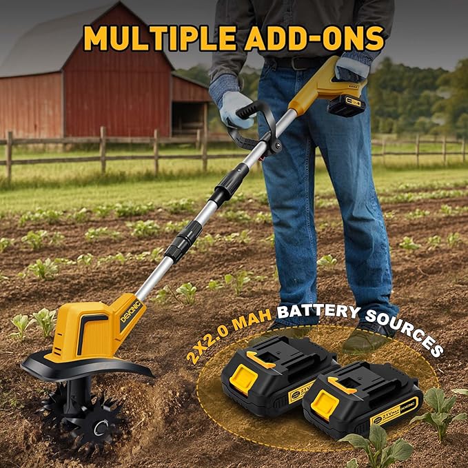 DEVONIC Cordless Electric Garden Tiller,21V 330RPM Tiller Cultivator 8" Tilling Width and 6" Depth Garden Rototiller with 2 * 2.0Ah Batteries for Lawn/Gardening (Cordless Tiller+2 Batteries)