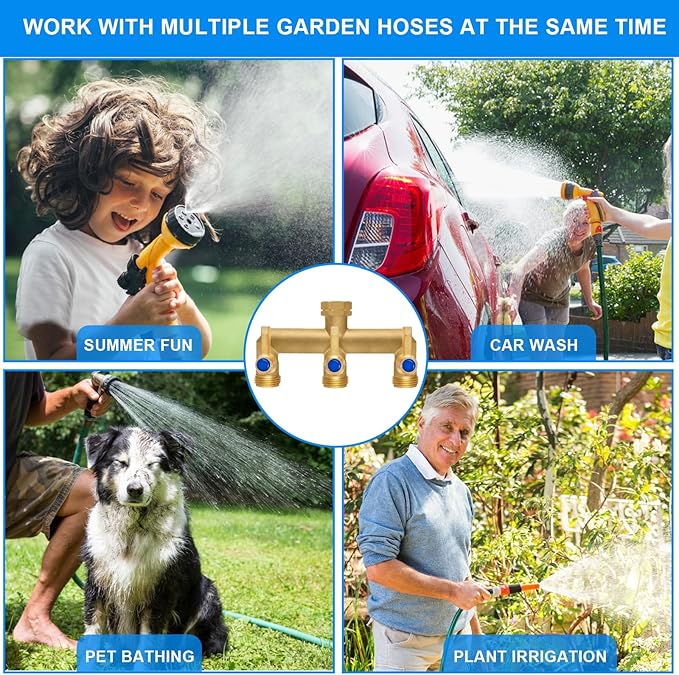 Brass Garden Hose Splitter, 3 Way Hose Splitter, Outdoor Hose Splitter, GHT 3/4 in. Female Inlet and 3 Way 3/4 in. Male Outlet for Regulating and Shutting Off Water Flow