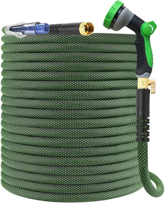 100Ft Non-Expandable Garden Hose, Flexible Water Hose with 10-Pattern Spray Nozzle, Lightweight Hose Pipe, Kink-Free, Leak-Proof, 3/4" Solid Metal Fittings (Green)