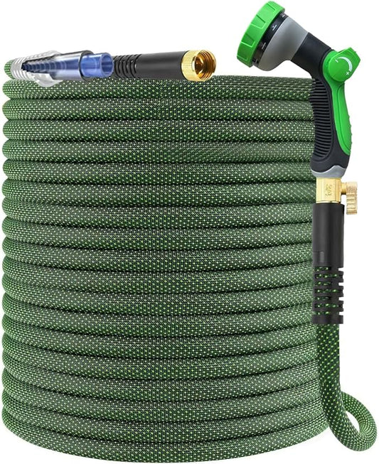 100Ft Non-Expandable Garden Hose, Flexible Water Hose with 10-Pattern Spray Nozzle, Lightweight Hose Pipe, Kink-Free, Leak-Proof, 3/4" Solid Metal Fittings (Green)