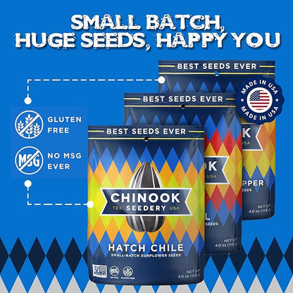 Chinook Seedery Roasted Sunflower Seeds - Jumbo Seeds Keto Snacks - Best For Snack Packs - Gluten Free, Non GMO Snack Food Gifts - 4 Ounce (Pack of 3) - Chinook Faves Variety Pack