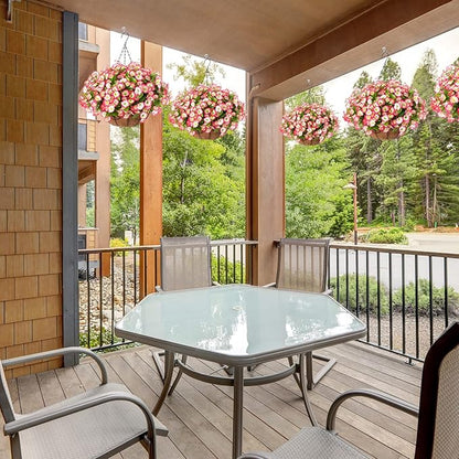 Artificial Hanging Flower Plants with Basket for Outdoor Decoration, Faux Petunias Flowers Fake Morning Glories Planter for Outside Patio Garden Porch Balcony Yard Decor(Pink)