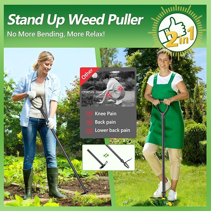 Weed Puller Tool, 2-in-1 Stand Up Weeder with 4-Claw Head & Rake, No Tools Required Assembly, Gets Rid of Weeds & Roots Permanently for a Pristine Lawn