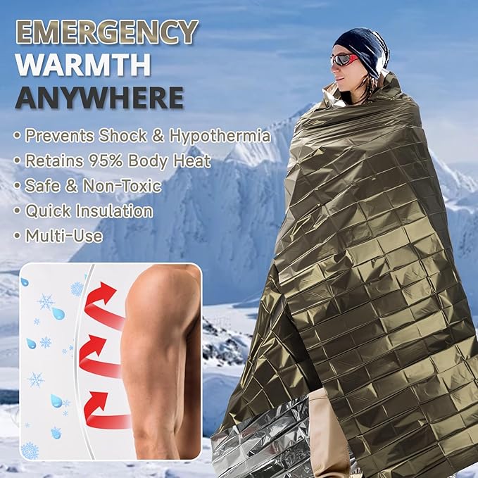 SecuCaptain Survival Emergency Thermal Blankets: Extra Large 84” x63” Space Mylar Blanket Kit for Outdoor Cold Winter Camping Hiking Car Bug Out Bag or First Aid - 4 Pack Amygreen