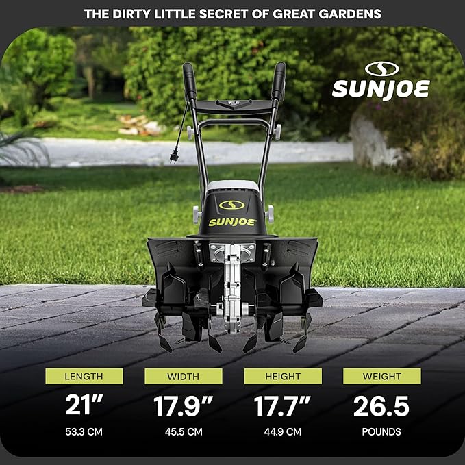 Sun Joe Corded Electric Garden Tiller & Cultivator with Steel Tines, 16 Inch, 13.5-Amp Motor - Heavy-Duty Tilling Machine for Lawn, Yard, and Gardening Care, TJ604E