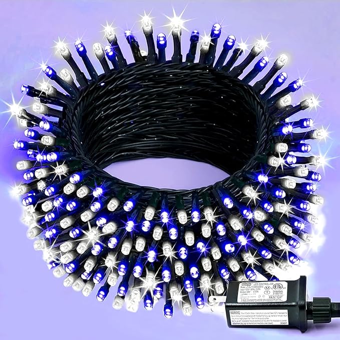 YEGUO 66ft 200 LED Christmas Lights Outdoor Waterproof, White and Blue String Light Indoor, Green Wire Twinkle Tree Light Plug in with Timer Memory 8 Modes