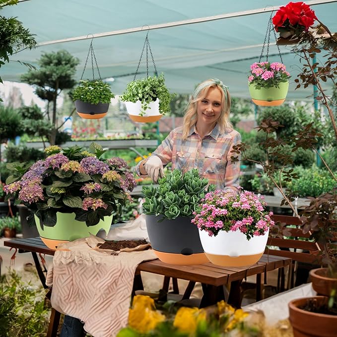 10 inch Hanging Planters for Indoor Outdoor Plants with Self-Watering Pots, 3 Pack Plastic Hanging Basket with Removable tray for Home Garden Porch Balcony Patio Decor(Green）