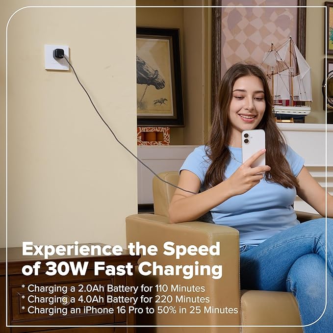 GREENWORKS 24V 1/2" Brushless Cordless Drill (400 In-lbs.), 2.0Ah (12,000mAh Power Bank) USB-C Batteries, 3.3 FT Braided Cable, 30W Charger