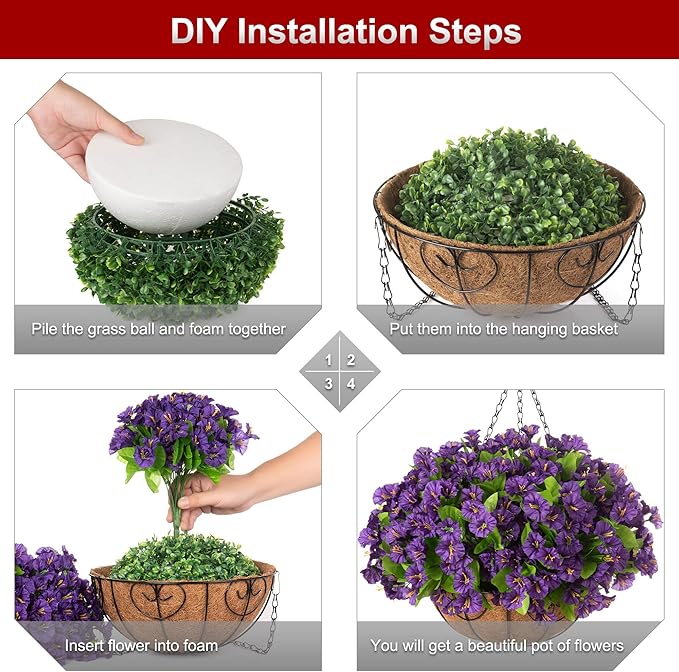 Artificial Hanging Flower Plants with Basket for Spring Summer Outdoor Decoration, Faux Petunias Flowers Fake Morning Glories Planter for Outside Patio Garden Porch Balcony Yard Decor(Purple)