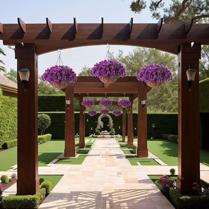 Artificial Hanging Flower Plants with Basket for Spring Summer Outdoor Decoration, Faux Petunias Flowers Fake Morning Glory Planter for Outside Patio Garden Porch Balcony Yard Decor(Lotus)