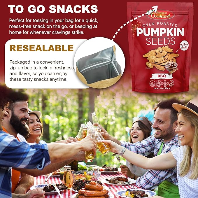 PREMIUM ORCHARD Flavored Pumpkin Seeds Oven Roasted | BBQ | High Protein Snacks for Kids and Adults | Vegan Snack | Non GMO | KETO