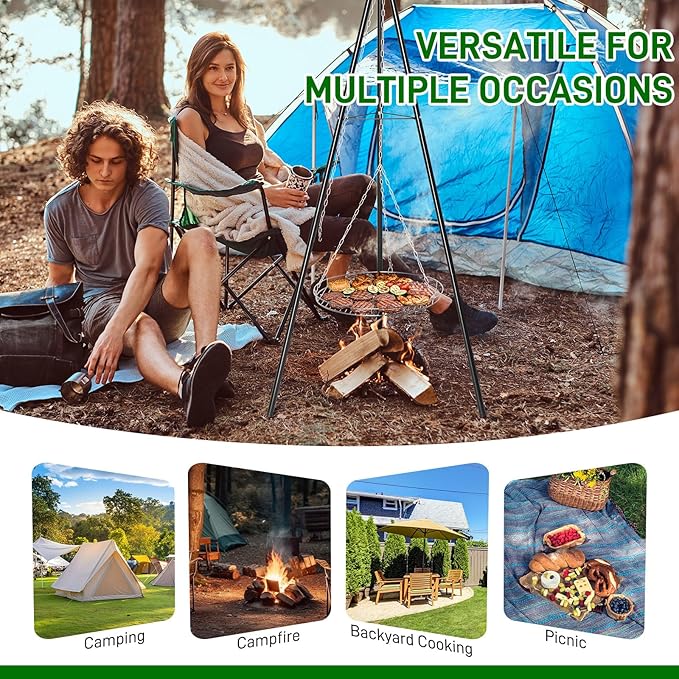 Outvita Campfire Tripod Grill, Adjustable Height BBQ Grill Grate Stainless Steel for Outdoor Camping BBQ, Black