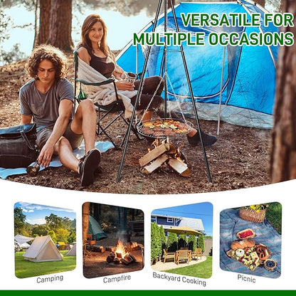 Outvita Campfire Tripod Grill, Adjustable Height BBQ Grill Grate Stainless Steel for Outdoor Camping BBQ, Black
