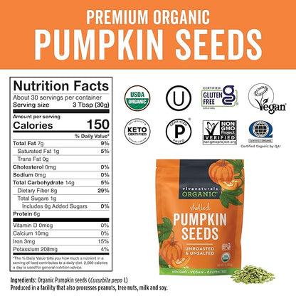Viva Naturals Organic Pumpkin Seeds, 2 lb (32 oz, 907 g) – Shelled, Unroasted, Unsalted, Non-GMO, Vegan, Good Source of Iron & Dietary Fiber, Perfect for Salads