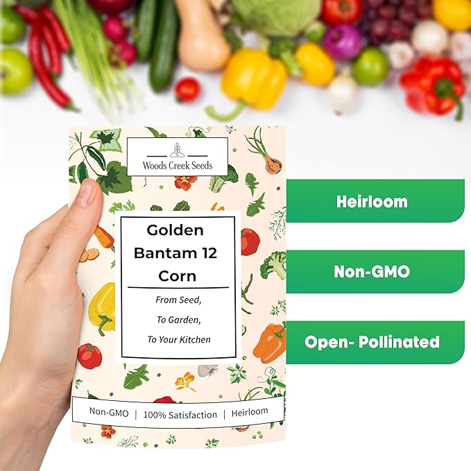 Woods Creek Seeds: Golden Bantam 12 Sweet Corn Seeds for Planting - Heirloom Sweet Corn Seed with Tender Yellow Kernels - Non-GMO, Open-Pollinated, Seed Pack for Field and Home Gardening