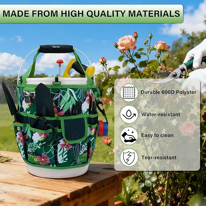 KUNN Bucket Tool Organizer 5 Gallon 18-Pocket Gardening Tool Bag with Hangable Handle | Garden Caddy & Bucket Accessory, Green