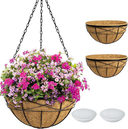 Hanging Planters for Outdoor Plants: 2 Pack 16" Hanging Baskets Flower Pots with Coco Liners & Plastic Saucer Large Deep Hanging Plant Holder for Porch Balcony Garden Décor