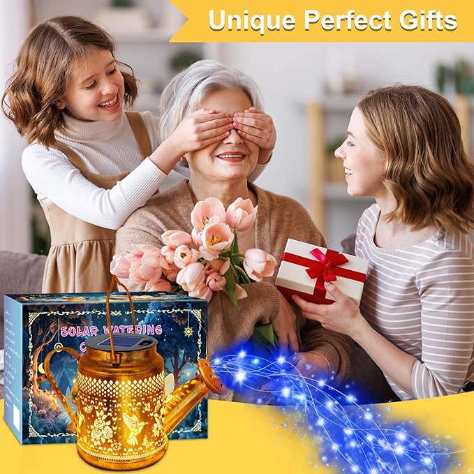 Solar Lights Outdoor Garden Decor, Hummingbird Hanging Watering Can Landscape Lights Waterproof Outside Decorations for Yard Front Porch Patio Backyard, Gardening Gift for Mom Grandma Women Birthday