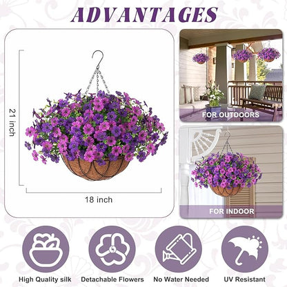 Artificial Silk Flowers Hanging Baskets Outdoors Indoors, Daisy with Eucalyptus Leaves Arrangement for Garden Yard Spring Summer Decor Faux Green Plant Metal Coconut Lining (Dark Purple Purple)