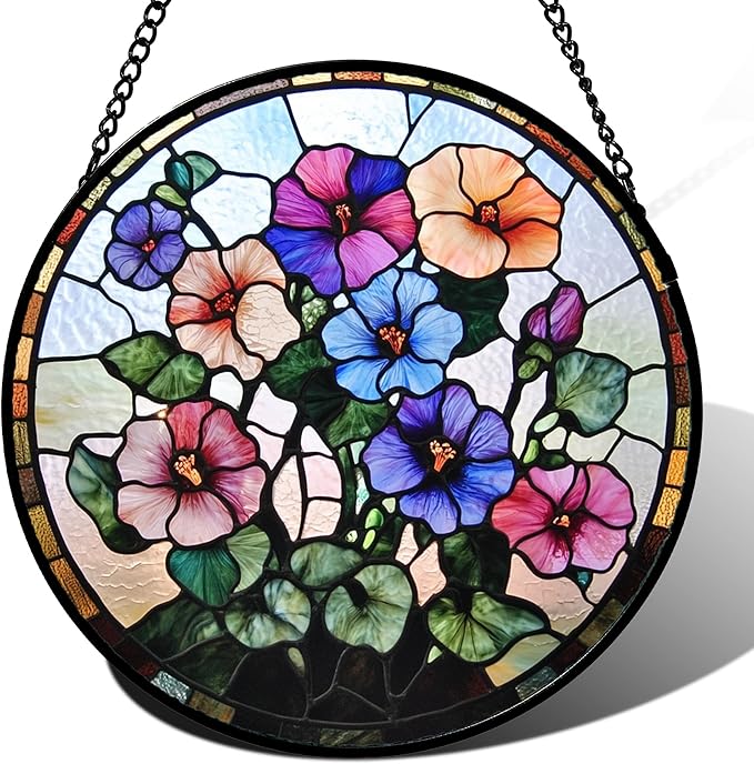 Stained Glass Window Hanging - Morning Glory Flowers Suncatcher for Doors Garden Patio Floral Sun Catchers Decor Christmas Mother's Day Birthday Gifts for Women Men Mom Nana Friend 9.8 in