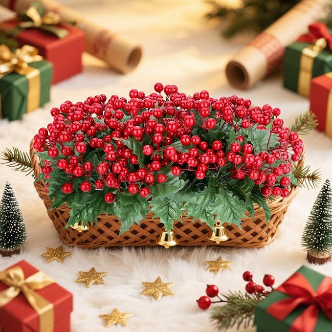 4 Bundles Artificial Christmas Flowers with Red Berry Stems, Fake Norfolk Pine Garland Branches for Winter Decor, Faux Christmas Garland Tree Picks and DIY Crafts (Green Foliage)