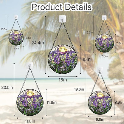 Stained Glass Window Hanging - Purple Lavender Suncatcher for Door Terrace Garden Home Decor Plant Flowers Landscape Sun Catcher Birthday Gifts for Lovers Women Men Dad Mom Nana 15 in