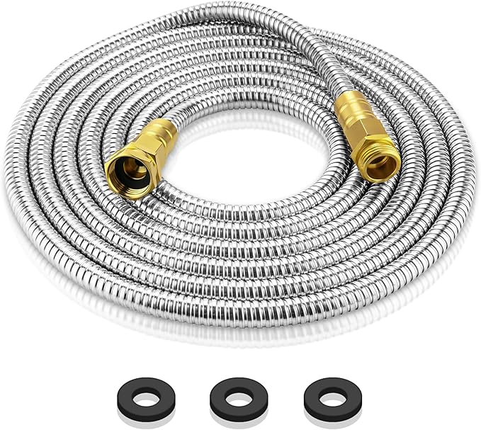 Garden Hose 15 FT, 304 Stainless Steel Metal Water Hose, Heavy Duty Flexible Leader Hose, Short Water Hose Kink Free Hose for Rv, Outdoor, Yard, No Bite, Leak proof and Durable