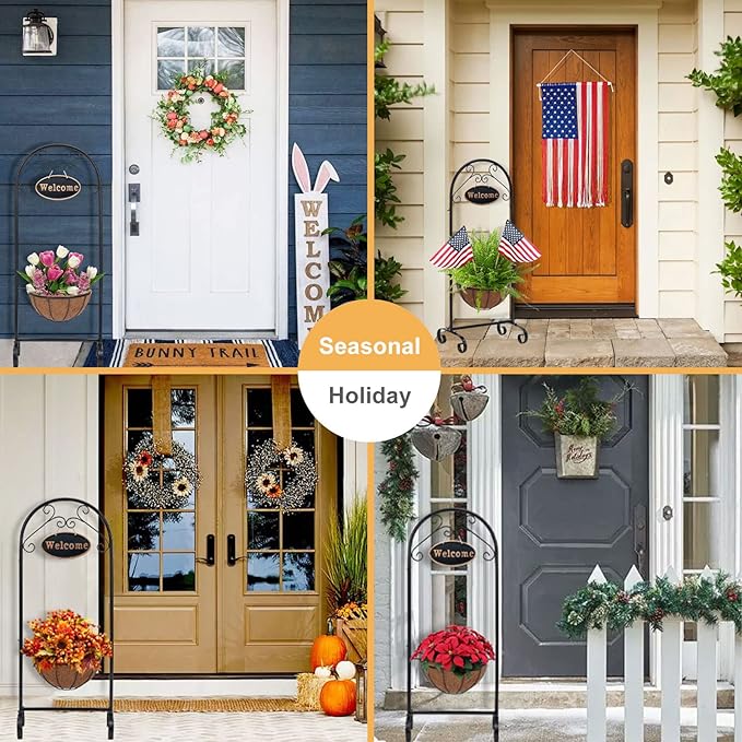 LEWIS&WAYNE 40’’ Tall Metal Welcome Planter Basket Stand with Coco Liner, Outdoor Décor for Porch, Deck, Patio, Landscape