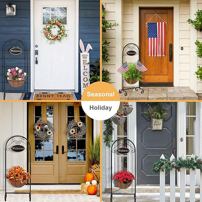 LEWIS&WAYNE 40’’ Tall Metal Welcome Planter Basket Stand with Coco Liner, Outdoor Décor for Porch, Deck, Patio, Landscape