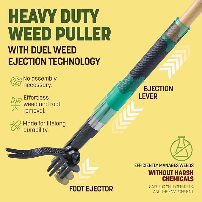 Papa's Tools Weed Puller Tool, 44" Stand Up Weeder Garden Tools & 4 Claw Steel Head, Dual Weed Eject Tech. Made with Real Bamboo & Long Wooden Handle, Yard Weeding Remover for Gardening Men & Women
