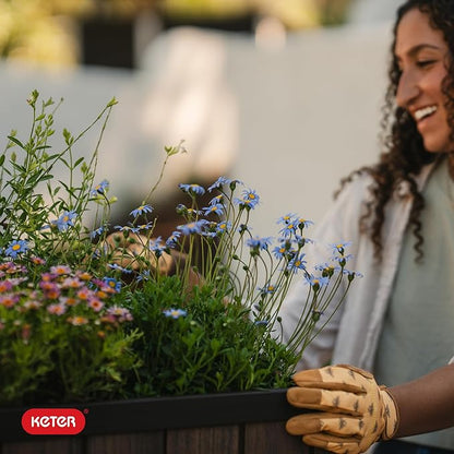 Keter Signature 21.7 Inch Tall Rectangular Large Wood Look Planter for Indoor or Outdoor Flower Pot Ideal for Patio Deck and Front Porch Decor, Rosewood