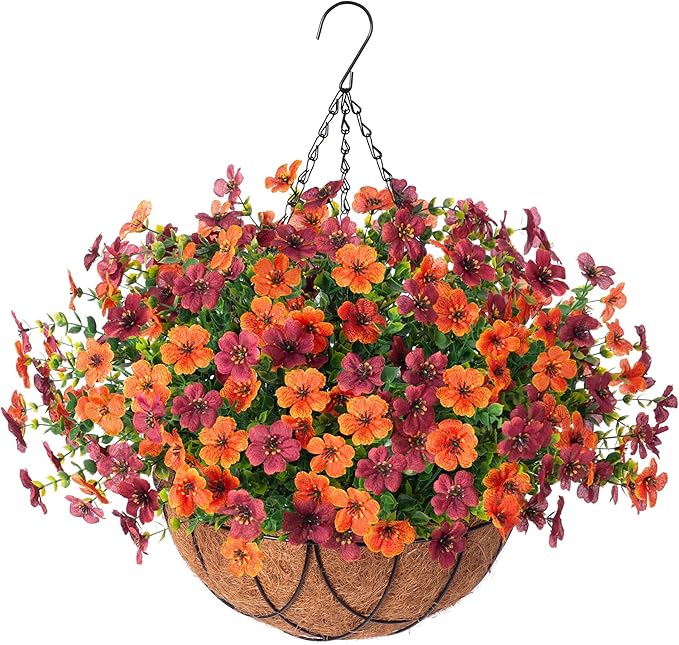 Artificial Silk Flowers Hanging Baskets for Outdoors Indoors, Daisy with Eucalyptus Leaves Arrangement for Garden Yard Decor, Faux Green Plant in Metal Coconut Lining Flowerpot(Orange Brown)