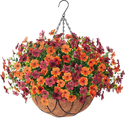 Artificial Silk Flowers Hanging Baskets for Outdoors Indoors, Daisy with Eucalyptus Leaves Arrangement for Garden Yard Decor, Faux Green Plant in Metal Coconut Lining Flowerpot(Orange Brown)