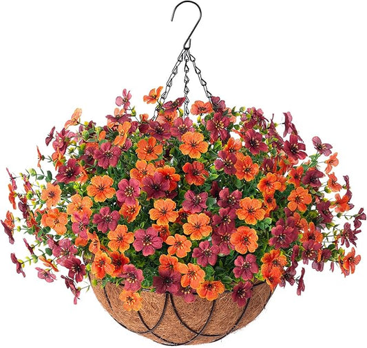 Artificial Silk Flowers Hanging Baskets for Outdoors Indoors, Daisy with Eucalyptus Leaves Arrangement for Garden Yard Decor, Faux Green Plant in Metal Coconut Lining Flowerpot(Orange Brown)
