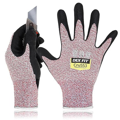 DEX FIT Level 5 Cut Resistant Gloves Cru553, 3D-Comfort Stretchy Fit, Power Grip, Professional Grade, Thin, Touch-Screen Compatible, Durable, Machine Washable - Red S (7) 1 Pair
