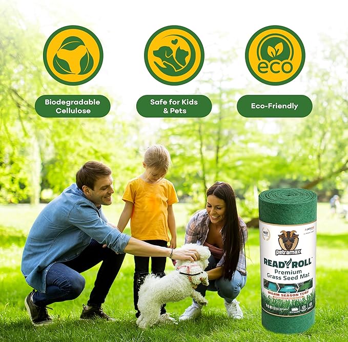 Petramax ReadyRoll Biodegradable Grass Seed Mat for Lawn (54 ft.) - All Year Green 3-in-1 Tall Fescue & Kentucky Grass Seed Rolls w/Mulch & Fertilizer - Lawn Repair Patch - Just Roll, Water, Grow