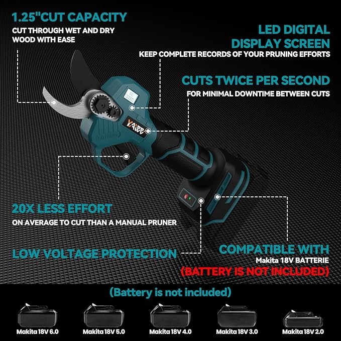 Brushless Electric Pruning Shears for Makita 18V Battery, Portable Cordless Pruning Shears with LCD Display＆SK5 Blades, Adjustable Cutting Diameter 0.8-1.2 Inch for Gardening Tree Pruning(NO Battery)