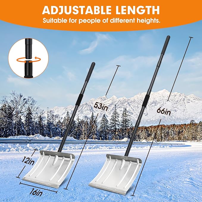 Snow Shovel, Aluminum Portable Snow Pusher Shovel Heavy Duty Metal Snow Shovel for Driveway Car Home Garage