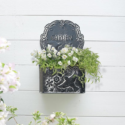 BIG FORTUNE Metal Wall Mount Planter Wall Vases for Flowers Shabby Chic Decor for Rustic Farmhouse Outdoor Decor (Black)